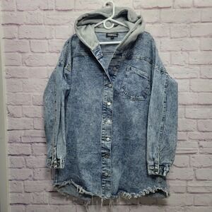 Thrill Jeans Denim Hoodie‎ Shirt Jacket Womens 3X Distressed Grunge Streetwear